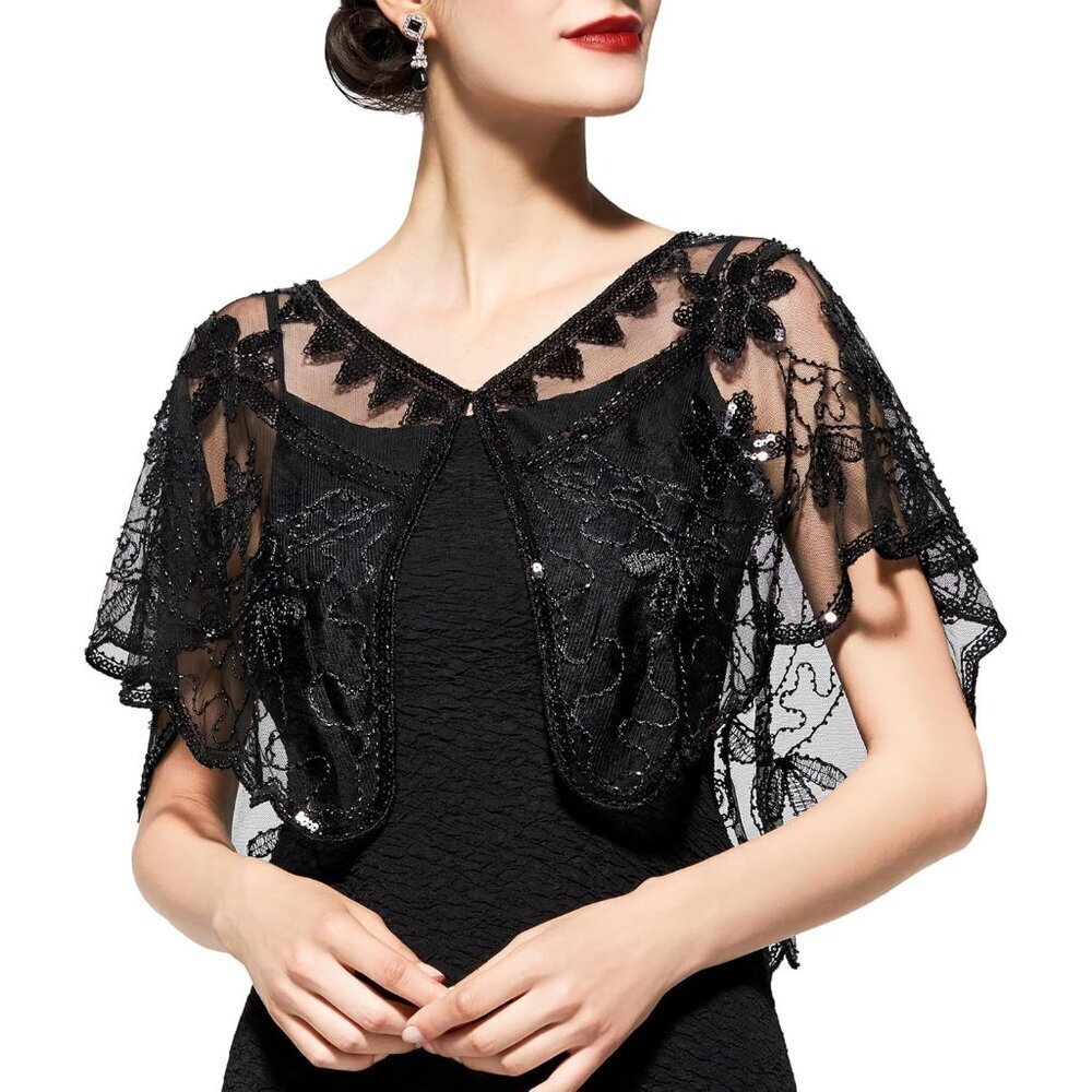 Women’s 1920s Sequin Flapper Shawl Wrap for Gatsby Harlem Night Party